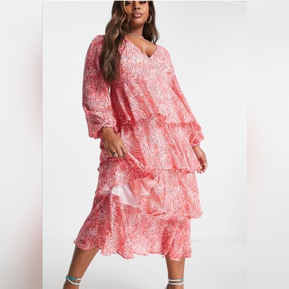 Pretty Lavish Pink Patterned Long Sleeve Tiered Dress Size 20